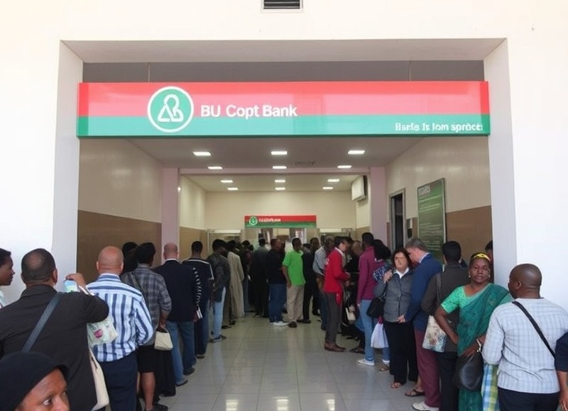 Before — A single line for every transaction type, with the wait piling up at the entrance.